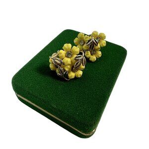 Vintage Coro Gold Tone White Yellow Rhinestone Floral Screw Back Earrings Retro